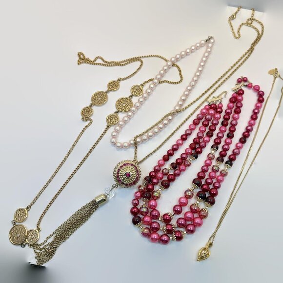 Layered Necklace Lot, God, Deep Pink, Red, Rhinestone, Bohemian, Multi Strand - Picture 7 of 8